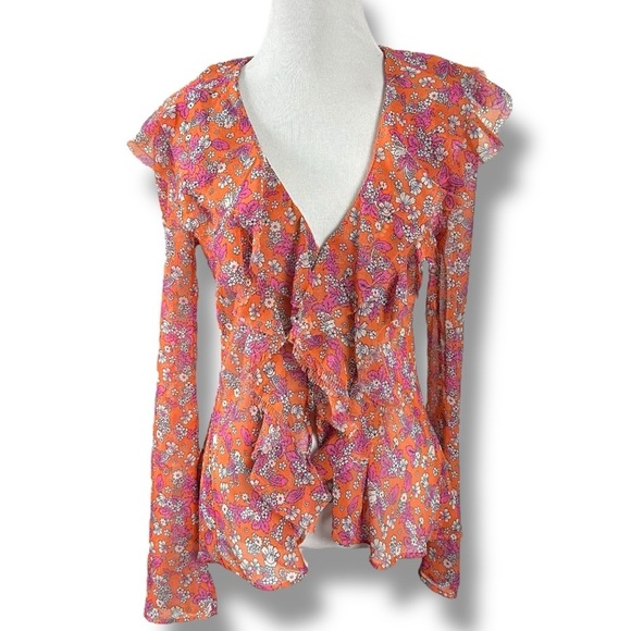 Free People Nina Printed Top Tulips XS Ditsy Floral V Neck Plunge Ruffles Sheer - Picture 7 of 15